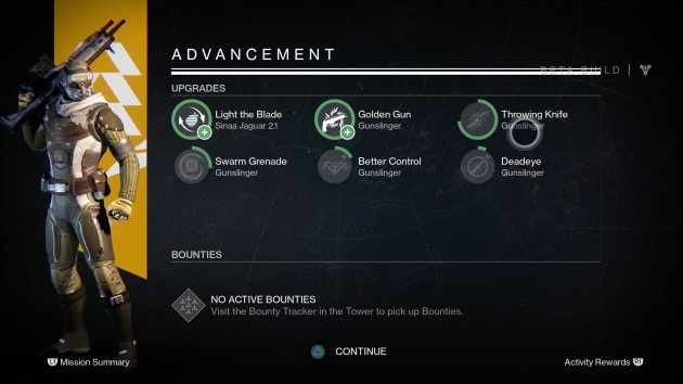 Advancement screen at the end of a mission